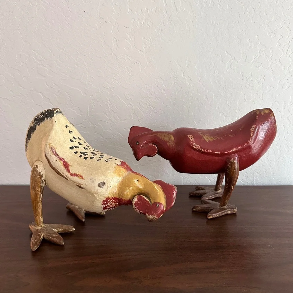 Vintage Wooden Pecking Hens Pair (2)‎ Red Farmhouse Folk Art Large